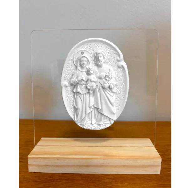Acrilico com Medalha Sagrada Familia - Pó de Mármore - 16x15cm