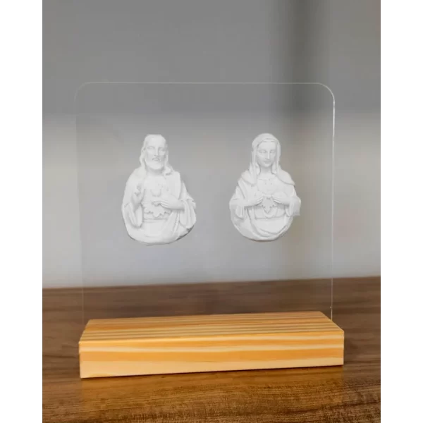 Acrilico com Sagrado C de Jesus e Imaculado C de Maria  16x15cm - Pó de Mármore - 16x15cm