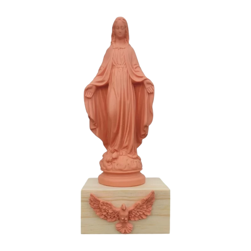 N.Sra das Graça com base de madeira e divino - Resina - 15cm - Cor laranja