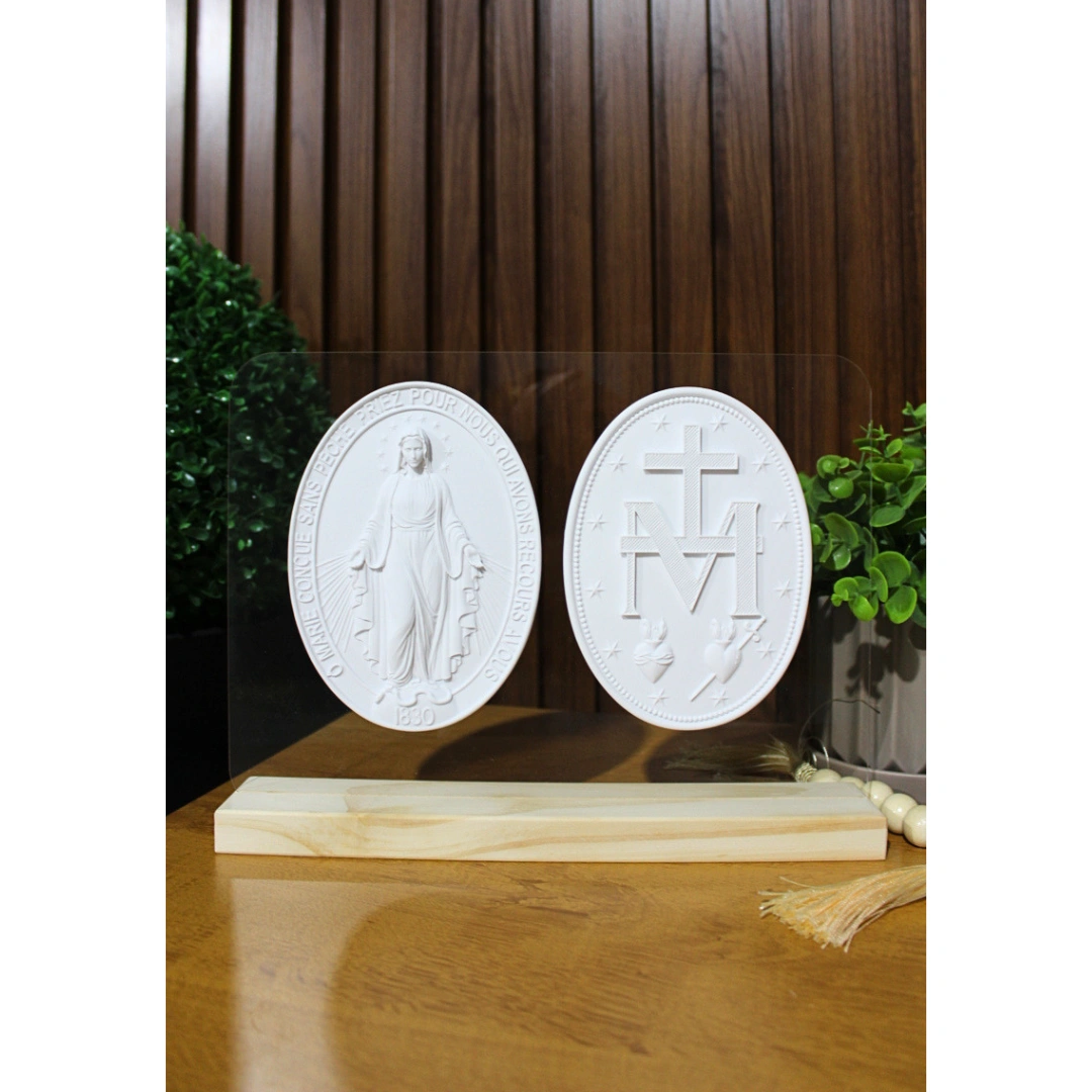 Acrilico com Medalhão N.Sra das Graças Frente e verso - Pó de Mármore - 22x29cm