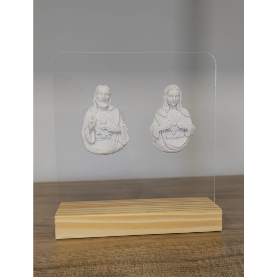 Acrilico com Sagrado C de Jesus e Imaculado C de Maria 16x15cm - Pó de Mármore - 16x15cm