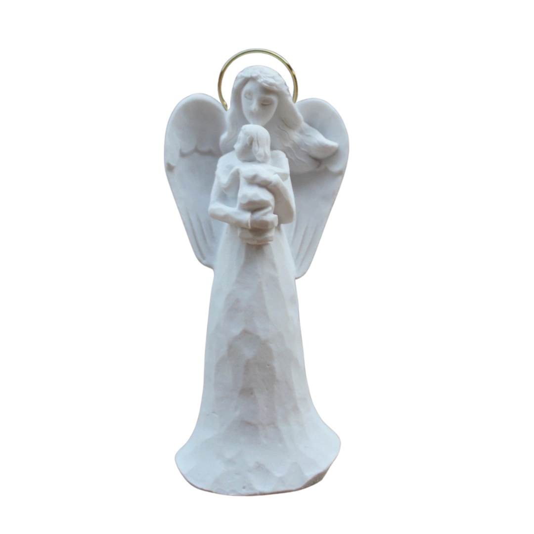 Anjo Mini Facetado - Pó de Mármore - 11cm - com resplendor banhado a ouro