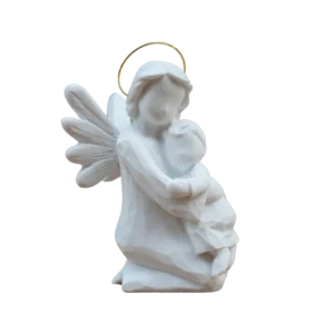 Anjo Ajoelhado Facetado - Pó de Mármore - 12cm - com resplendor banhado a ouro