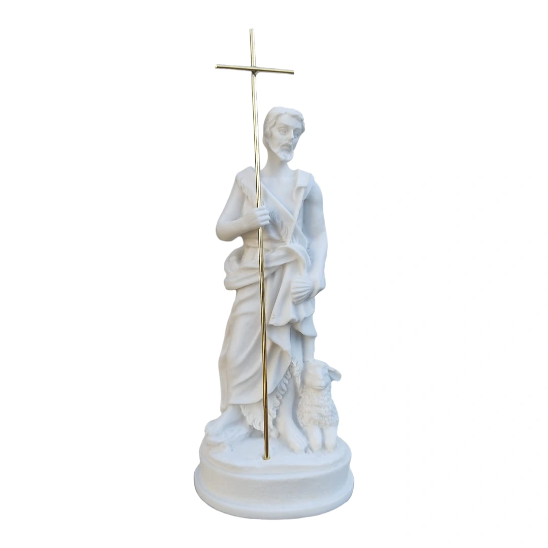 São João Batista - Pó de Mármore - 12cm - com Cajado em cruz banhado a ouro