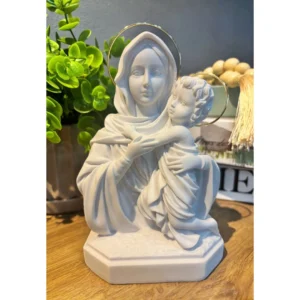 Busto Maria com Menino Jesus Grande - Pó de Mármore - 17cm - com resplendor banhado a ouro