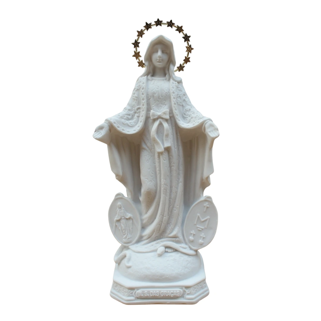 N.Sra das Graças Medalha Milagrosa - Pó de Mármore - 20cm - com resplendor estrelado banhado a ouro