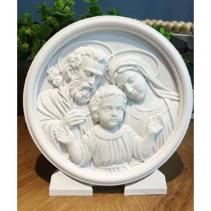 Medalhão Sagrada Familia com base - Pó de Mármore - 18,5x18,5cm