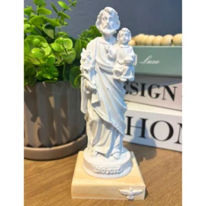 São José - Pó de Mármore - 18x7cm - Base de madeira natural com divino branco