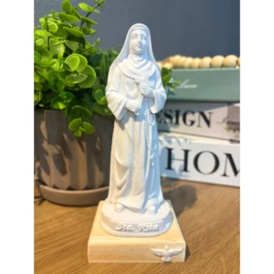 Santa Rita - Pó de Mármore - 17x7cm - Base de madeira natural com divino branco