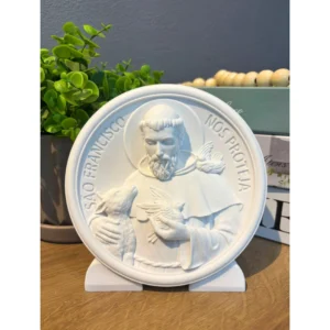 Medalhão São Francisco com base - Pó de Mármore - 14,5x14,5cm