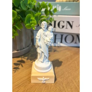 São José - Pó de Mármore - 10,5x4cm - Base de madeira natural com divino branco e resplendor banhado a ouro