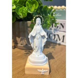 N.Sra das Graças - Pó de Mármore - 12a x 5c x 5l - Base de madeira natural com divino branco e resplendor estrelado banhado a ouro