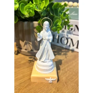 Jesus Misericordioso - Pó de Mármore - 12a x 5c x 5l - Base de madeira natural com divino branco e resplendor banhado a ouro