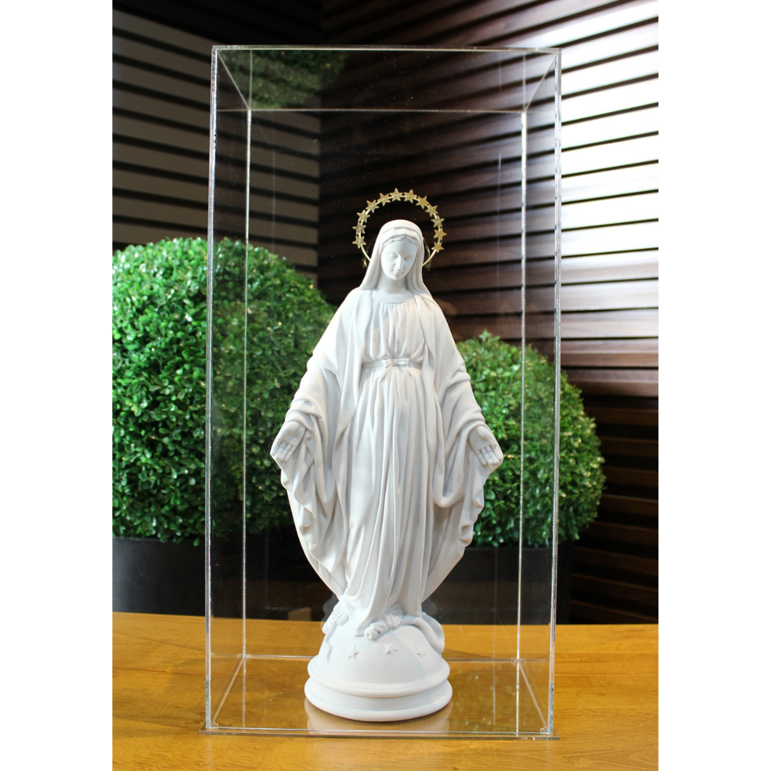 N.Sra das Graças - Pó de Mármore - 43cm - com resplendor estrelado banhado a ouro e cúpula de acrilico