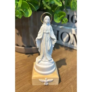 N.Sra das Graças - Pó de Mármore - 10,5x4cm - Base de madeira natural com divino branco e resplendor banhado a ouro