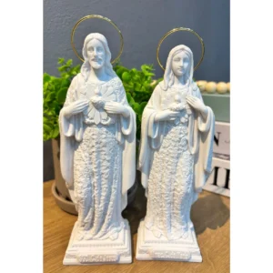 Sagrado e Imaculado Coração com arabesco - Pó de Mármore - 20cm - com resplendor banhado a ouro