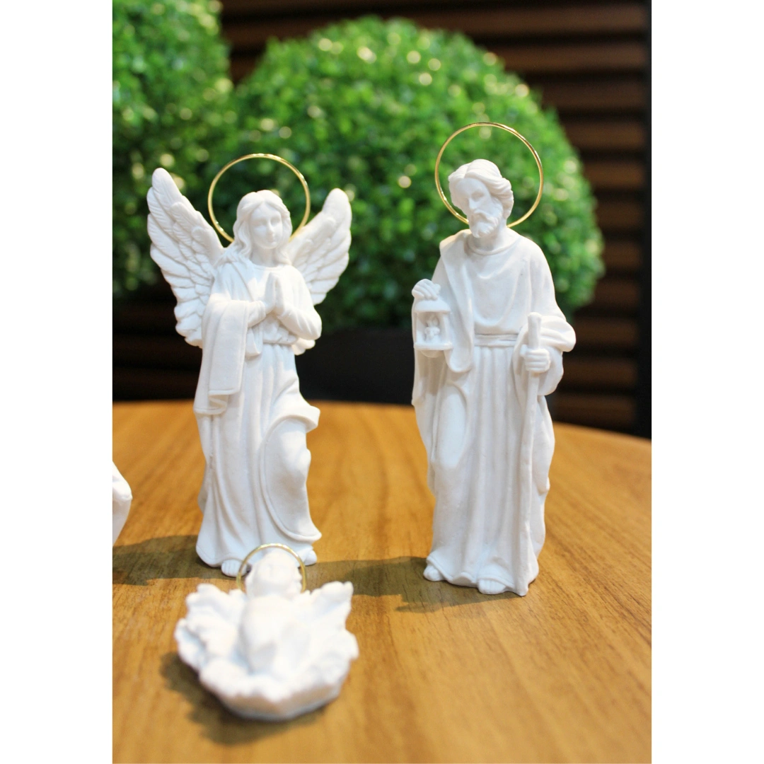 Presépio 4 Peças com anjo - Pó de Mármore - 12cm - com resplendor banhado a ouro - Imagem 3