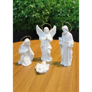 Presépio 4 Peças com anjo - Pó de Mármore - 12cm - com resplendor banhado a ouro