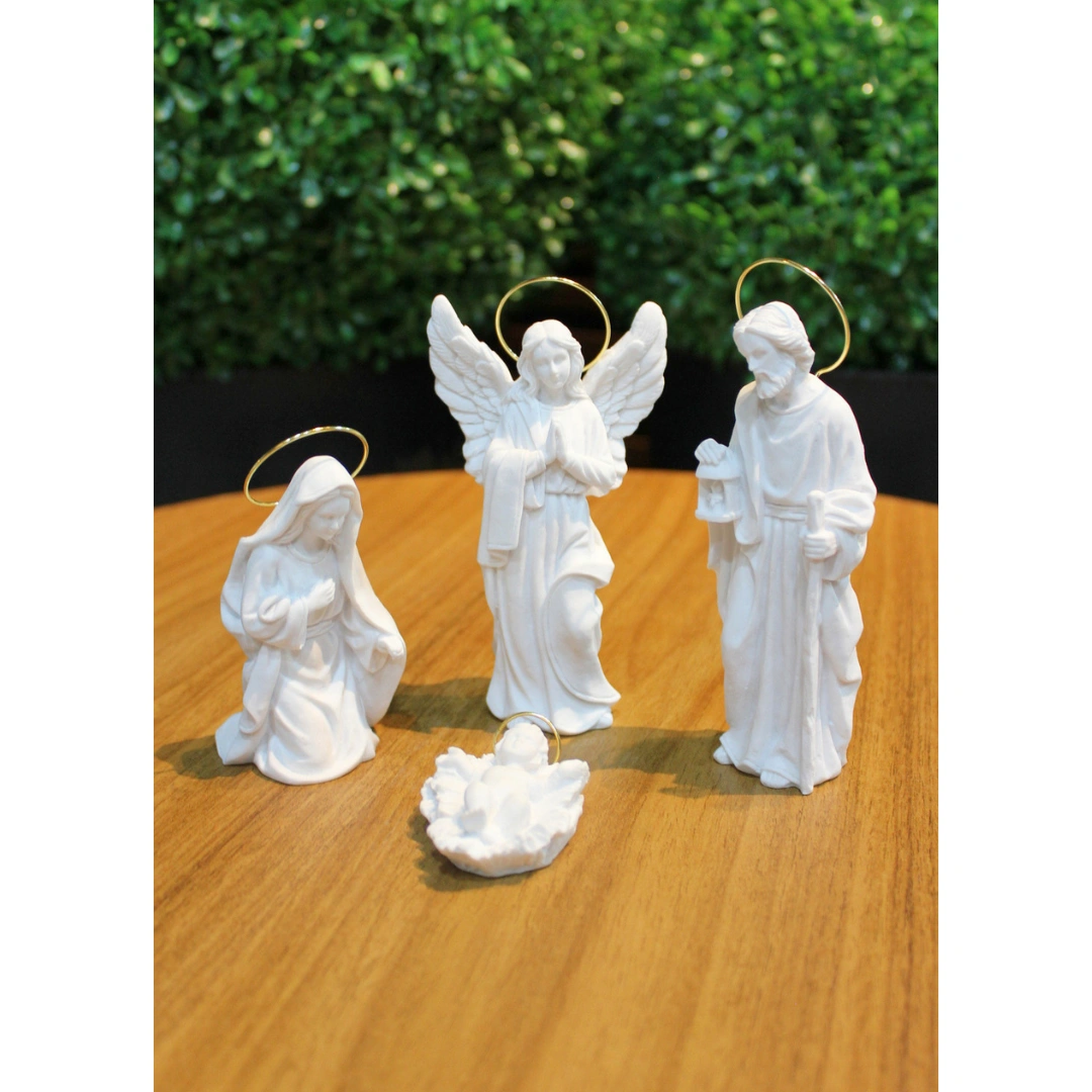Presépio 4 Peças com anjo - Pó de Mármore - 12cm - com resplendor banhado a ouro
