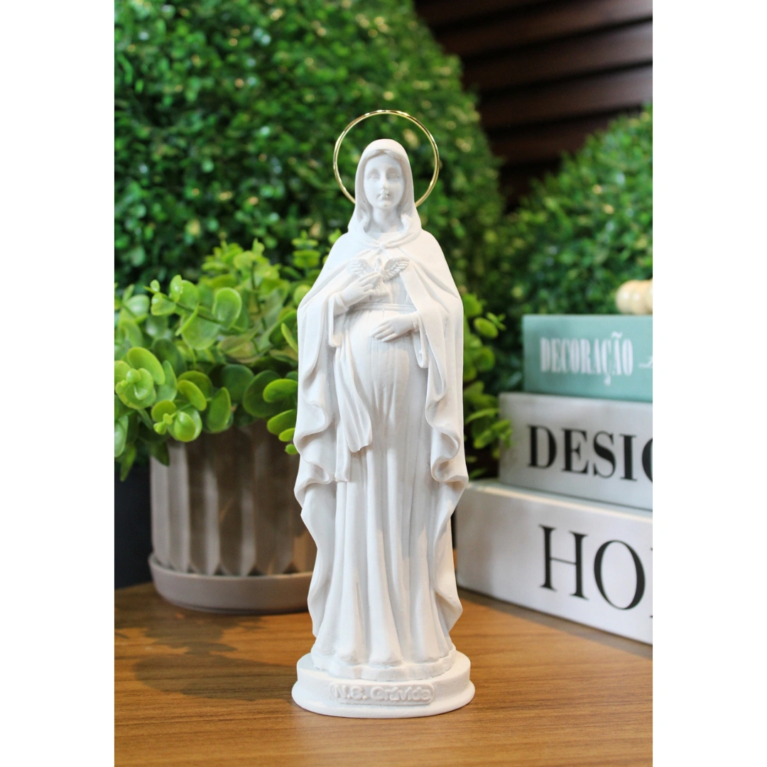 N.Sra Grávida - Pó de Mármore - 20cm - com resplendor banhado a ouro