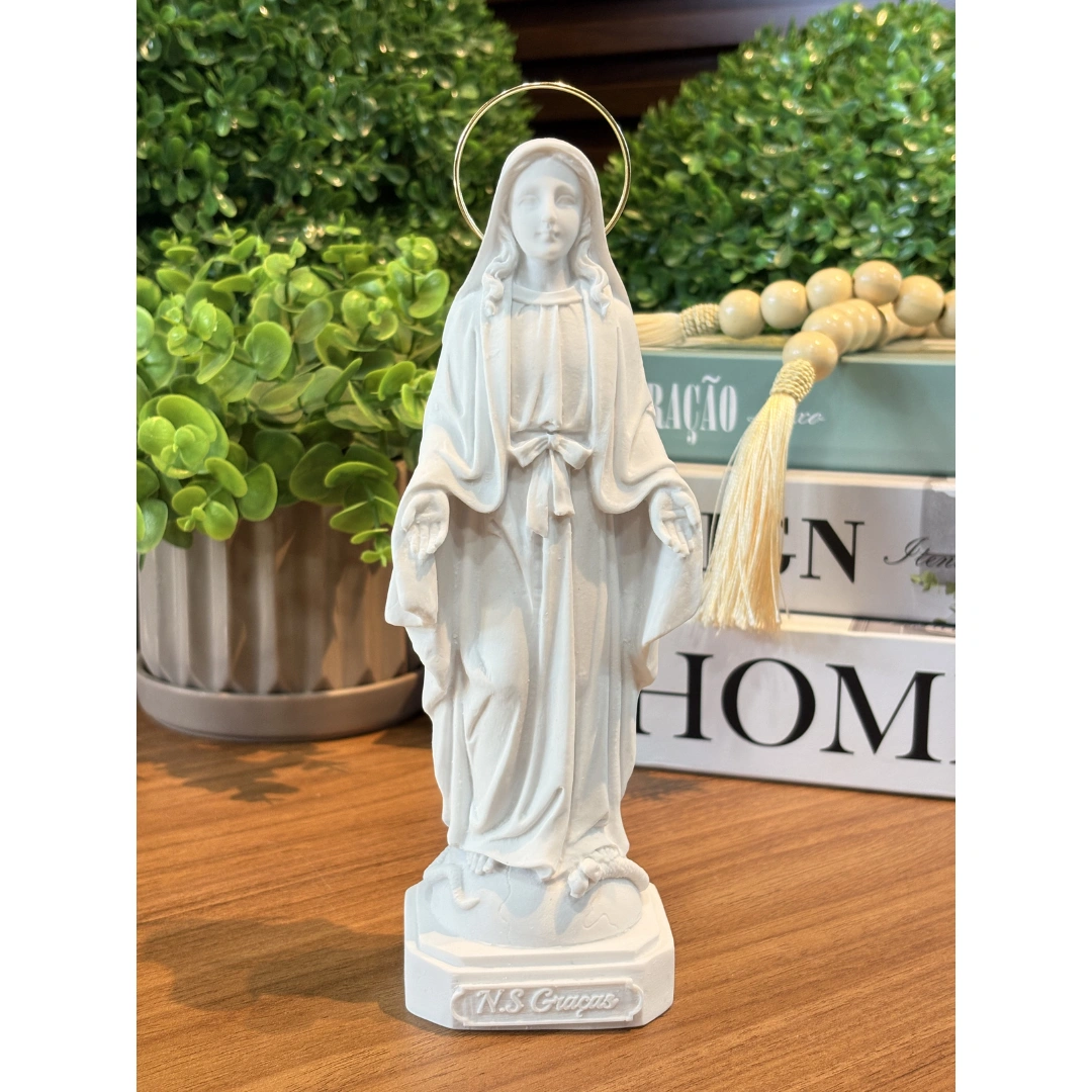 N.Sra das Graças II - Pó de Mármore - 20cm - com resplendor liso banhado a ouro