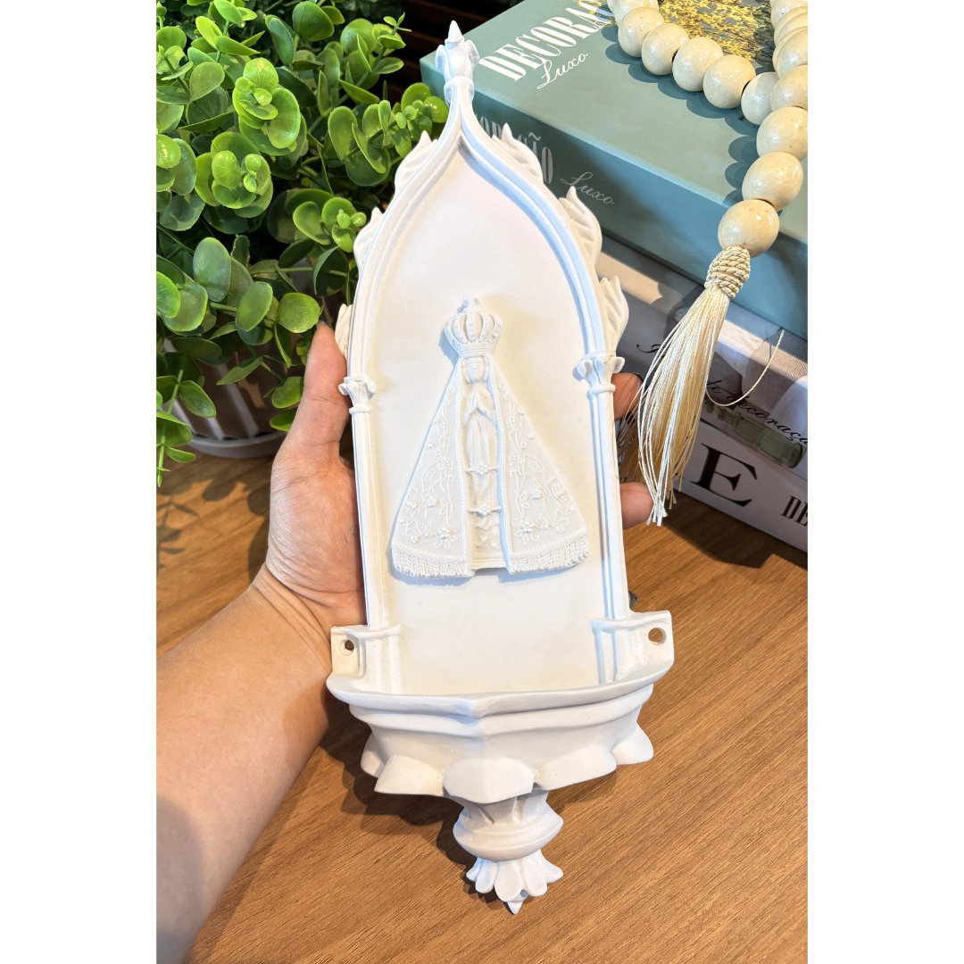 Pia Agua Benta Colonial com N.Sra Aparecida - Pó de Mármore - 32,5x12cm