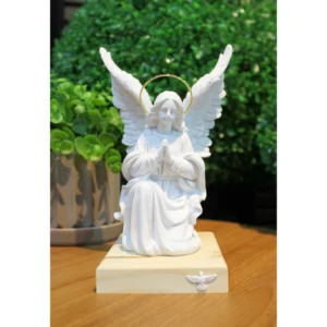 Anjo Adorador - Pó de Mármore - 20Ax9Cx12Lcm - Base de madeira com divino branco e resplendor banhado a ouro
