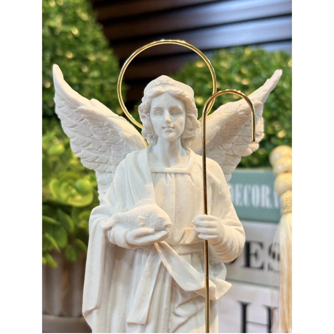 São Rafael - Pó de Mármore - 20cm - com auréola e cajado banhado a ouro - Imagem 2