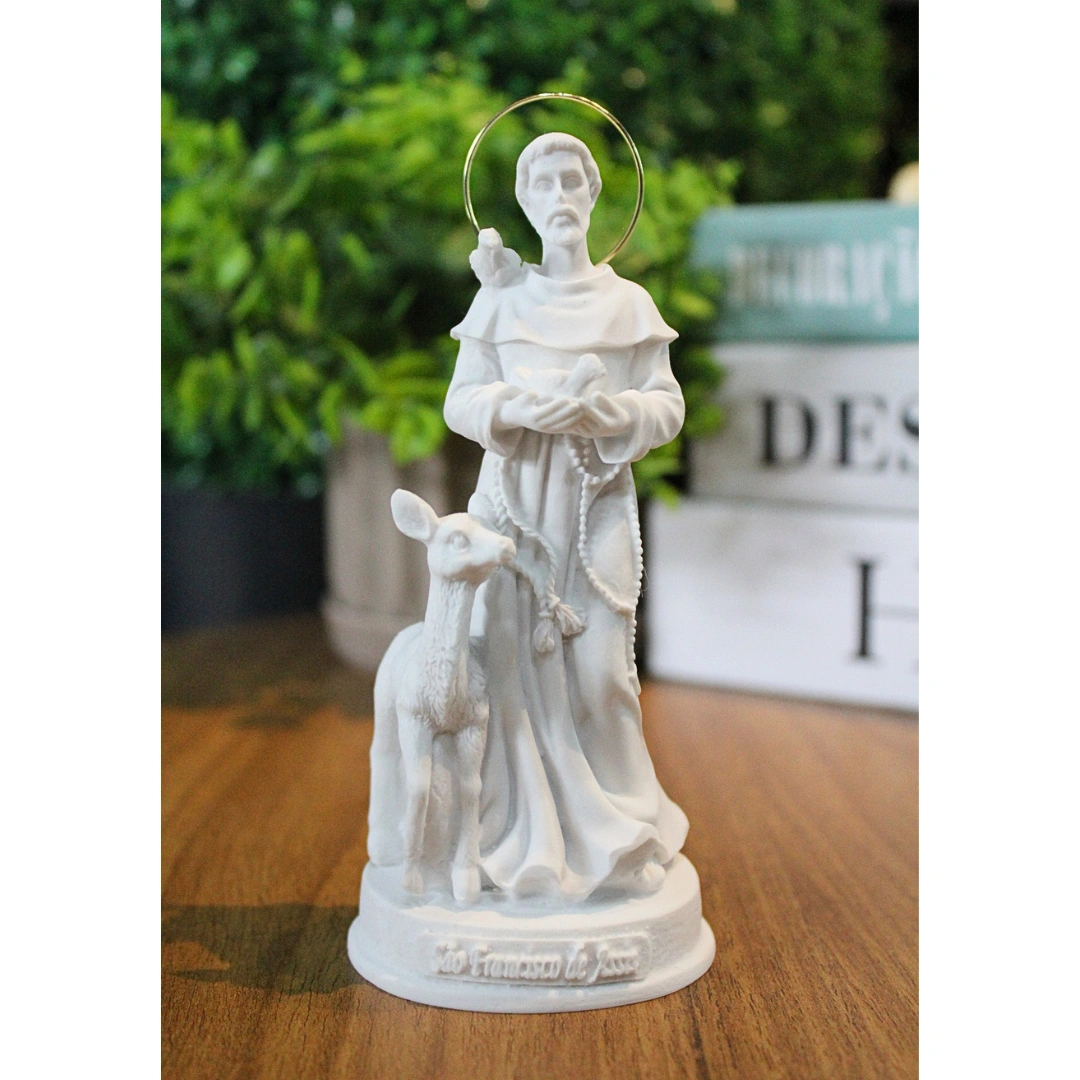 São Francisco - Pó de Mármore - 14cm - com resplendor banhado a ouro